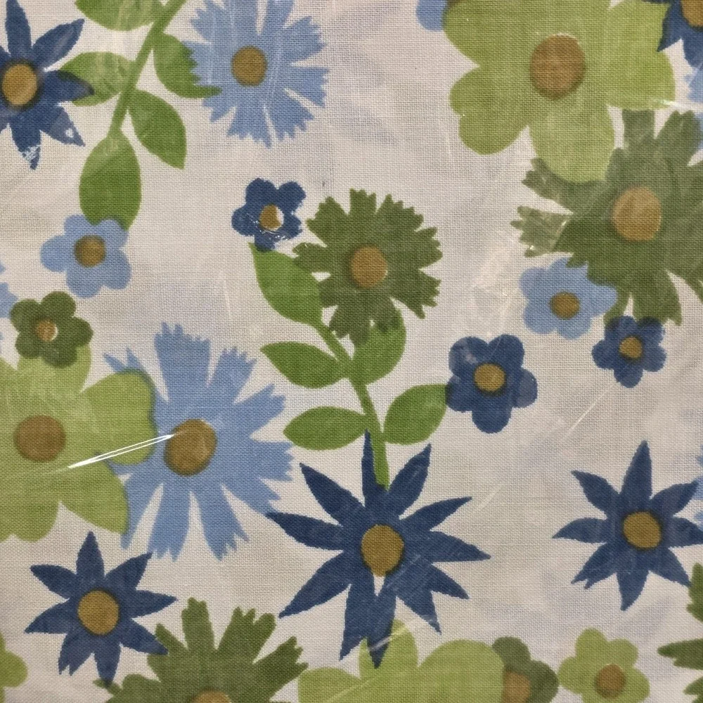 Vintage Sears Fantasia Perma Prest Muslin Twin Flat Sheet NOS Blue Green Floral